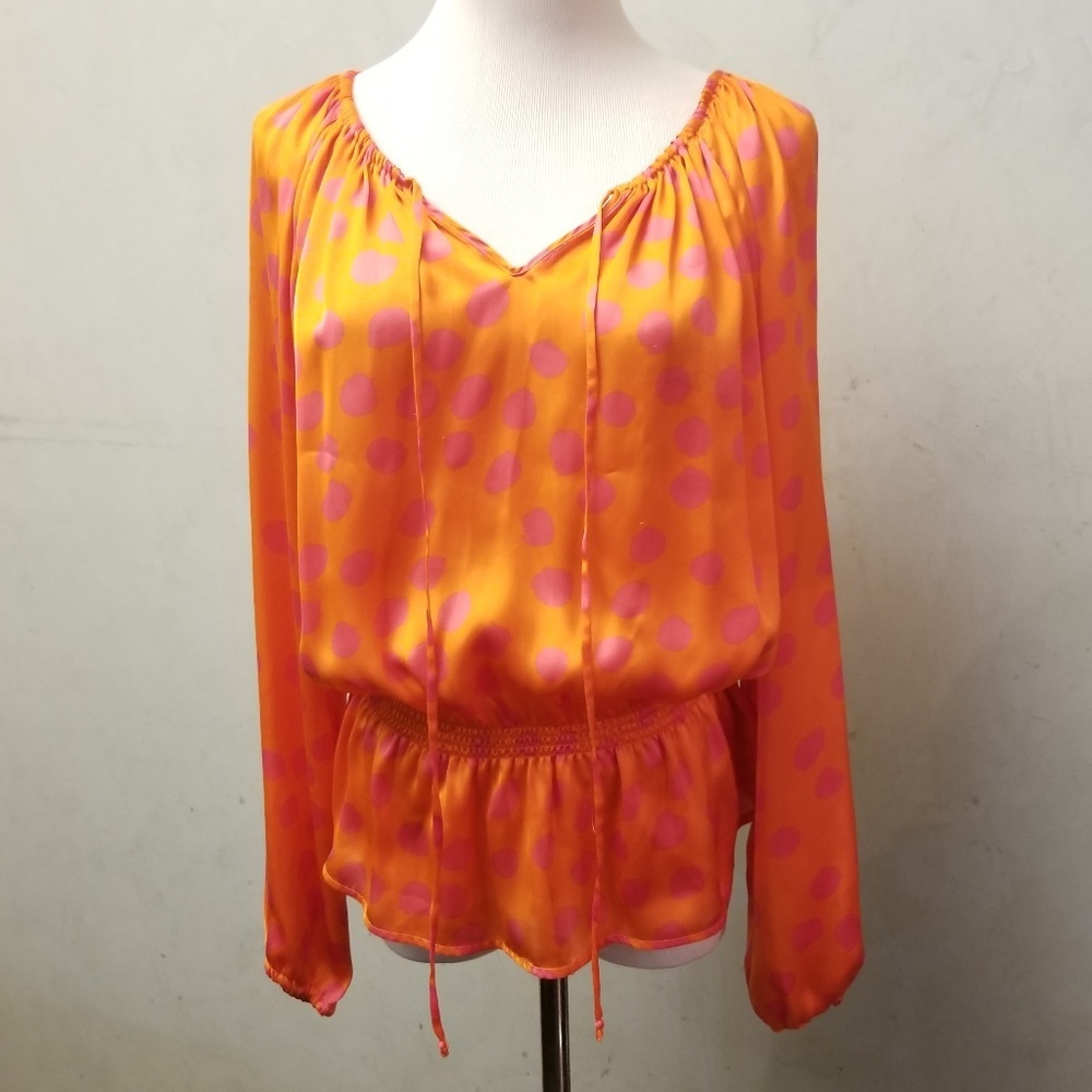 Ellen Tracy orange and pink polka dot top women's size Small (M3)